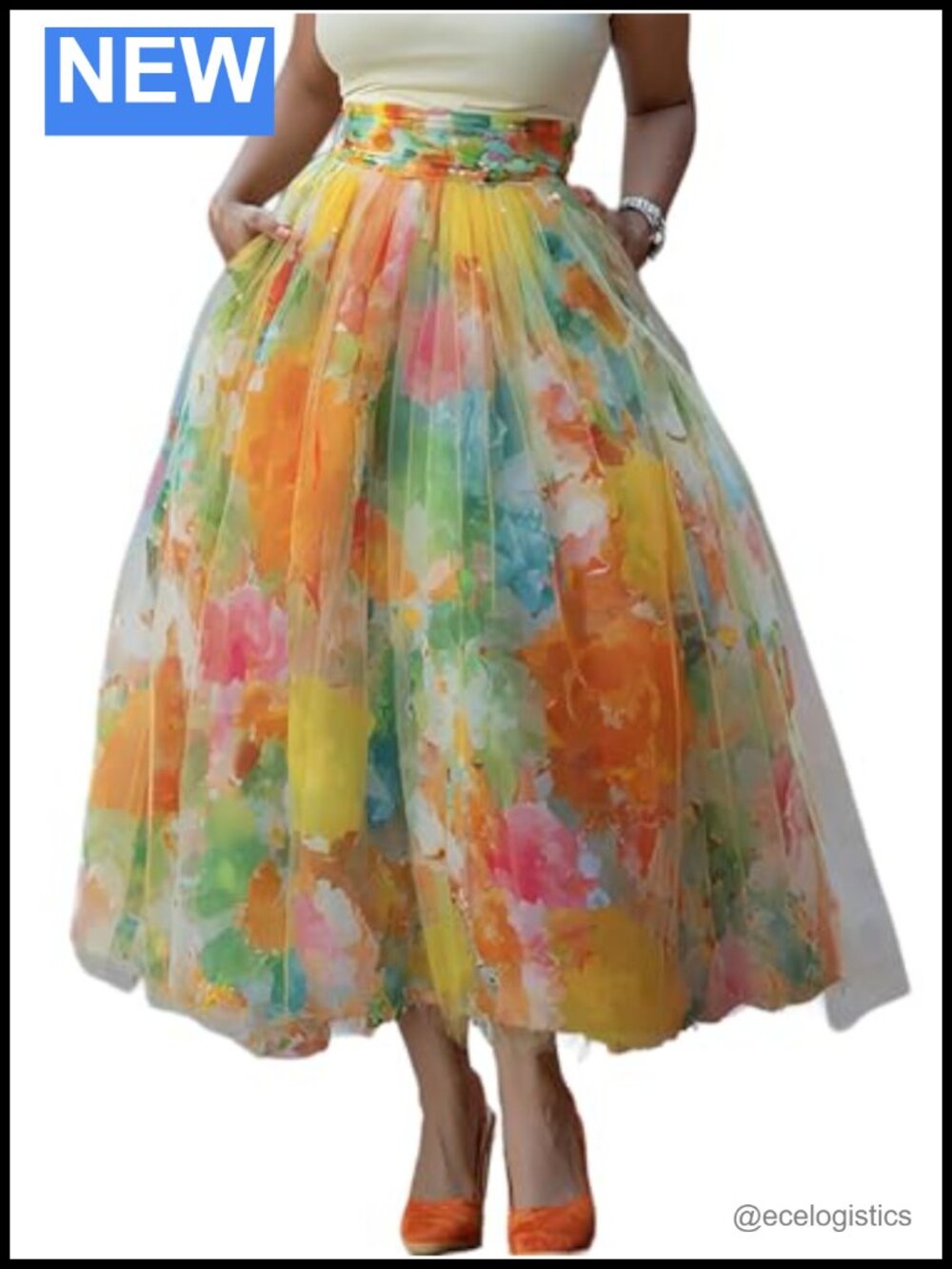 Watercolor Print Tulle Maxi Skirt High Waist A-Line Flowy Women's Skirt